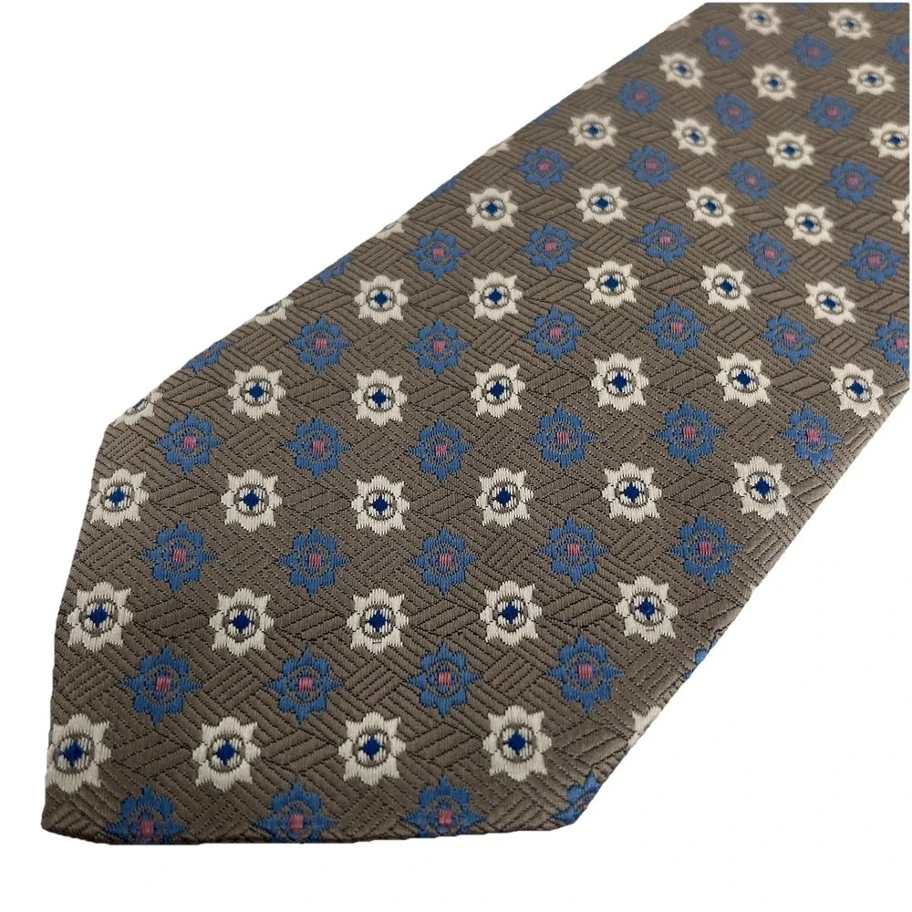 OAKTON LTD. Men's Tie Geometric Taupe Periwinkle Blue Cream Print Preppy Wedding